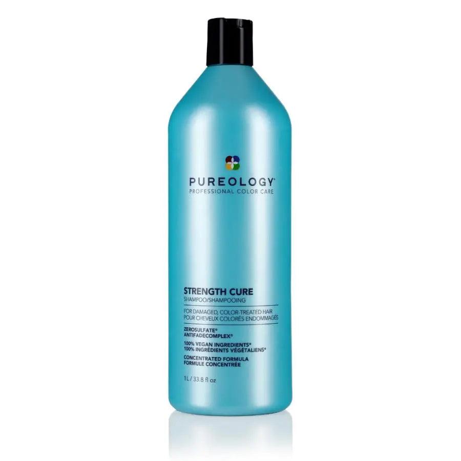 Pureology Strength Cure Shampoo bottle for damaged, color-treated hair, sulfate-free and concentrated formula.