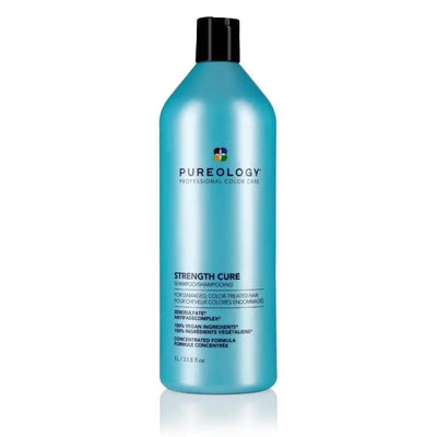 Pureology Strength Cure Shampoo bottle for damaged, color-treated hair, sulfate-free and concentrated formula.