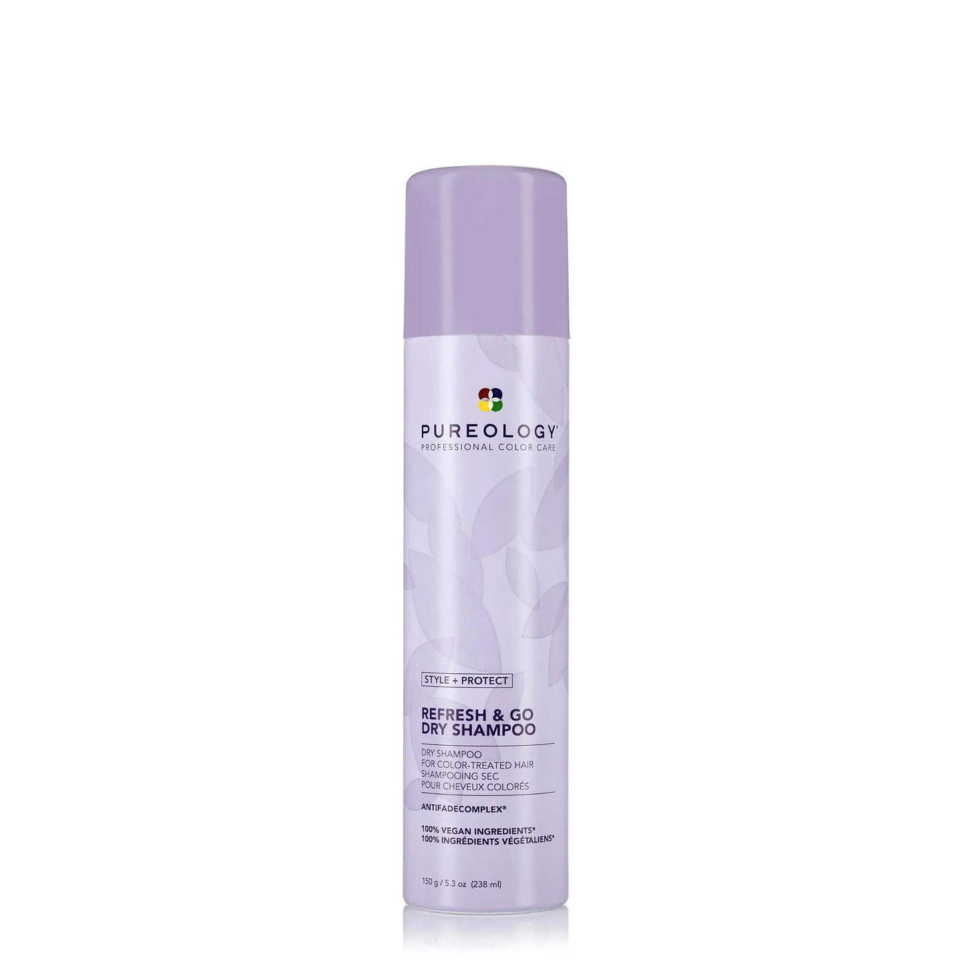 Pureology Style + Protect Refresh & Go Dry Shampoo in a spray can, ideal for quick hair refresh and color protection.
