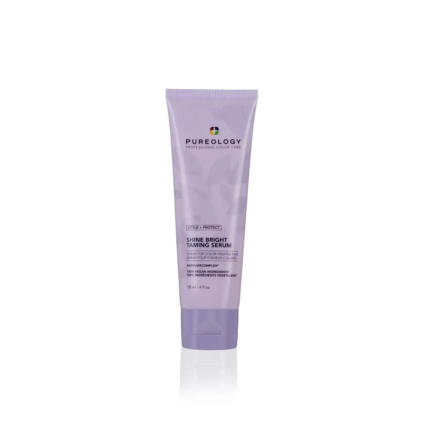 Pureology Style + Protect Shine Bright Taming Serum in a sleek tube, designed to smooth frizz and enhance shine.