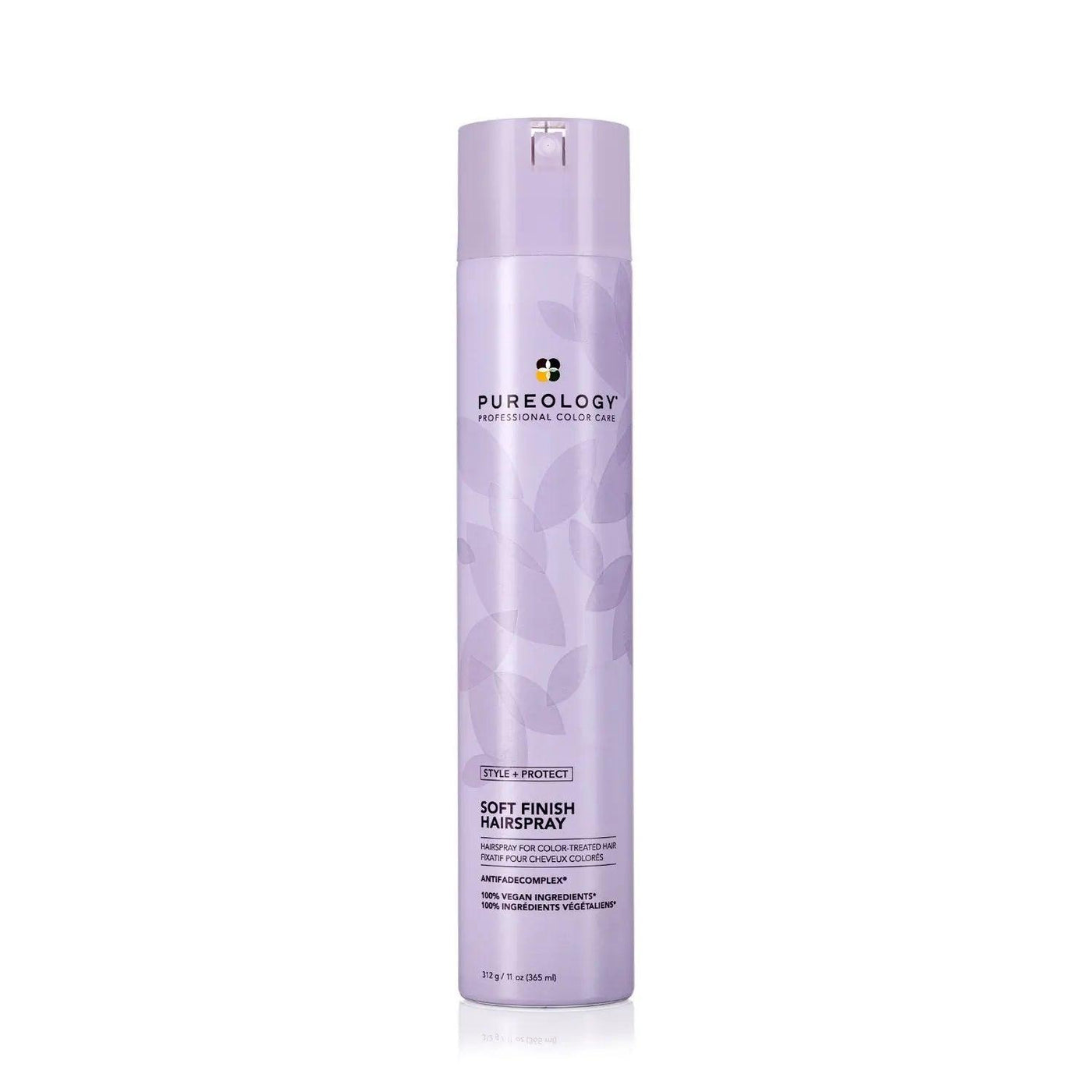 Pureology Style + Protect Soft Finish Hairspray bottle with a flexible hold and radiant shine using natural ingredients.