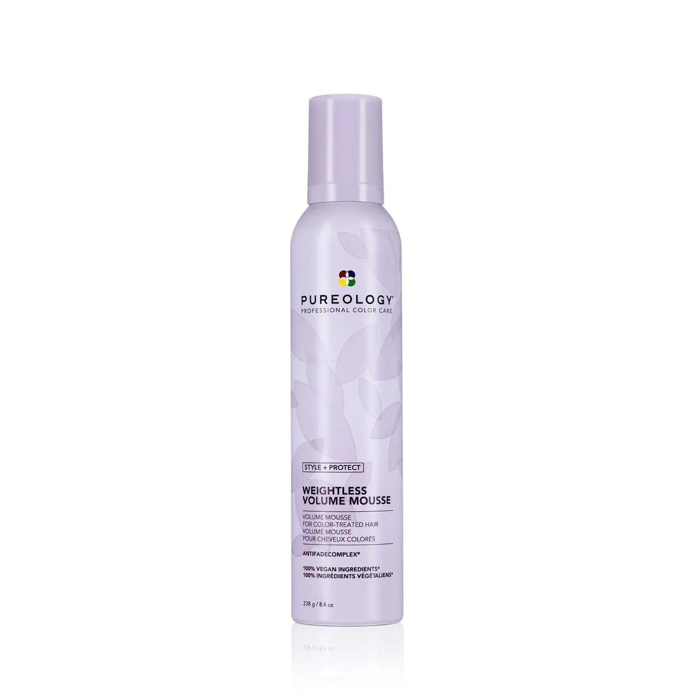 Pureology Style + Protect Weightless Volume Mousse in a canister, delivering allover volume for soft, shiny fine hair.