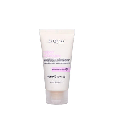 Alter Ego Repair Shampoo 50ml tube, sulfate-free, gently cleanses and strengthens hair for shiny, healthy locks.