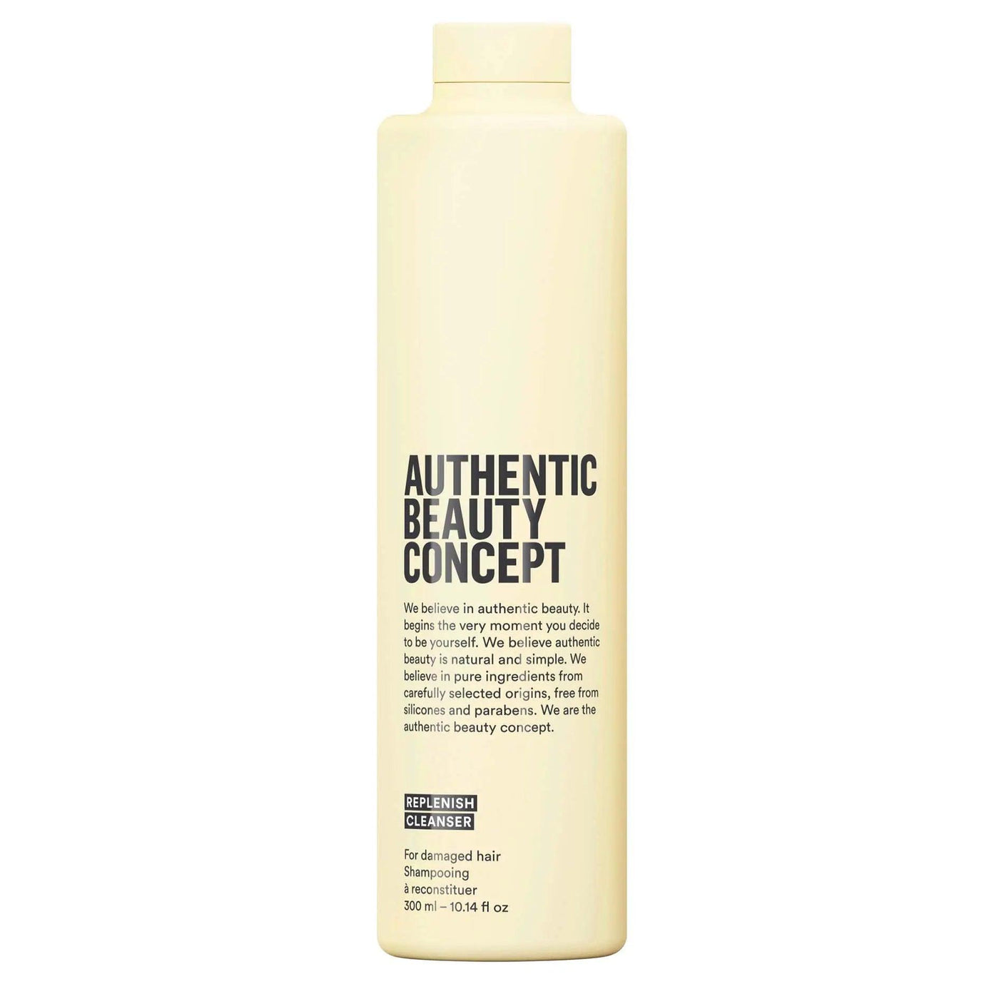 Authentic Beauty Concept Replenish Cleanser for damaged hair, nourishing formula free from sulfates and parabens, cruelty-free.