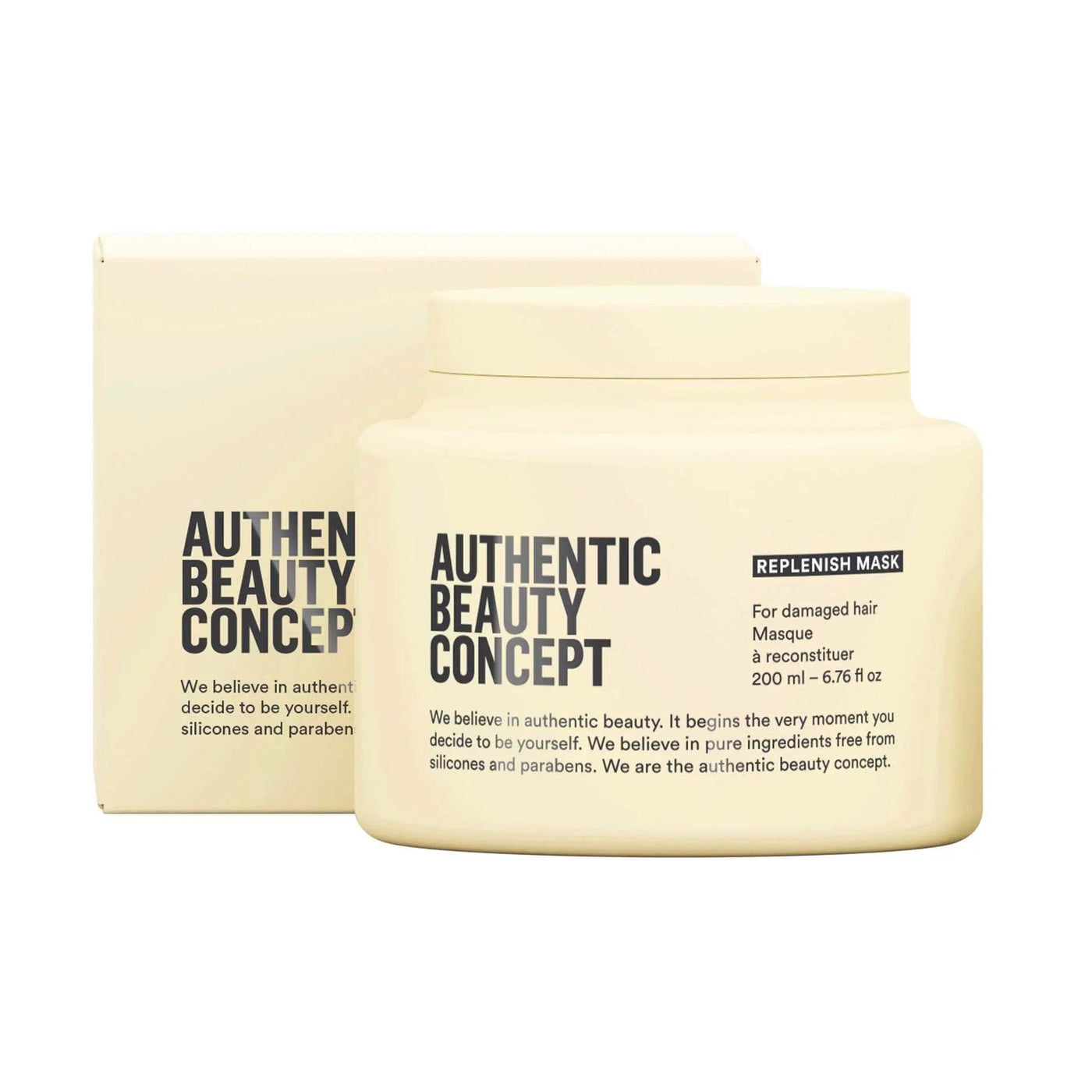 Authentic Beauty Concept Replenish Mask for damaged hair, 200ml jar, free from silicones and parabens, cruelty-free and vegan.