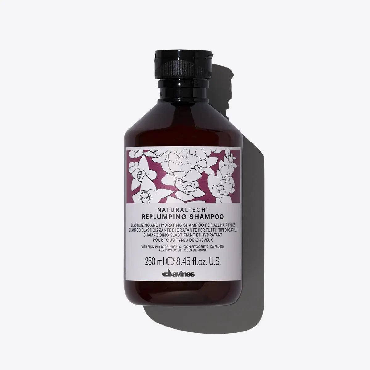 Replumping shampoo bottle with elasticizing formula for hydration and gentle cleansing, 250 ml size by Davines.