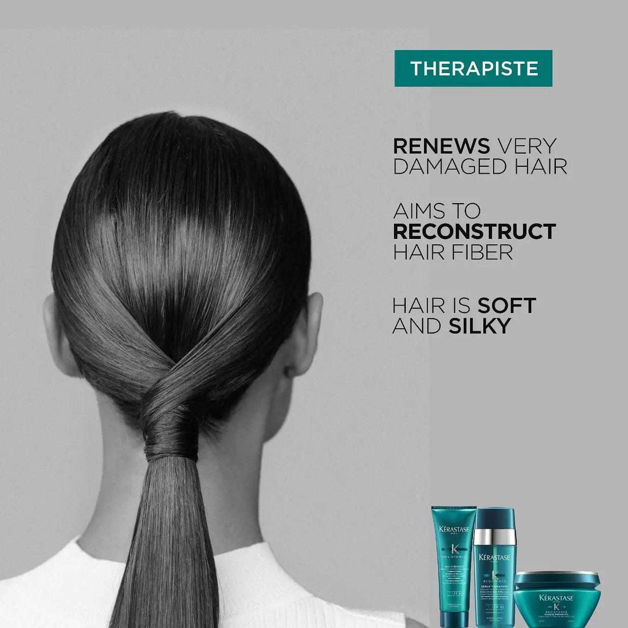Kérastase Sérum Thérapiste promotes soft, silky hair, renewing very damaged strands and reconstructing hair fibers.