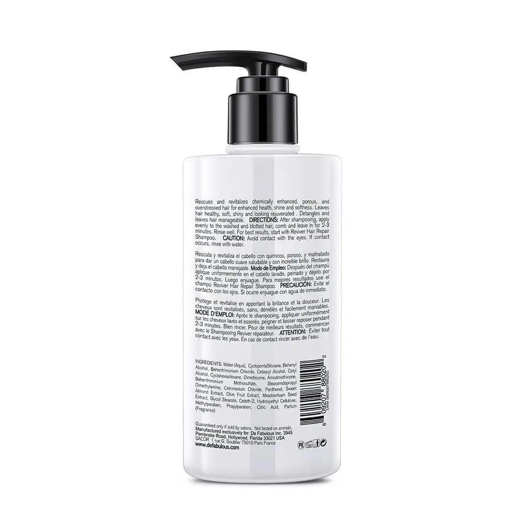 Back label of De Fabulous Reviver Hair Repair Conditioner showing ingredients and usage instructions.