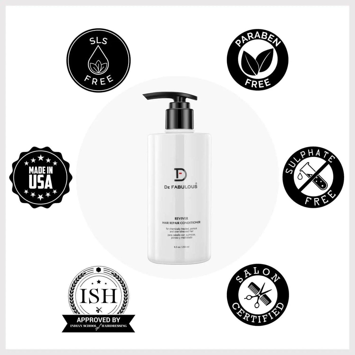 De Fabulous Reviver Hair Repair Conditioner bottle with SLS, paraben, sulphate free, and salon certified symbols.