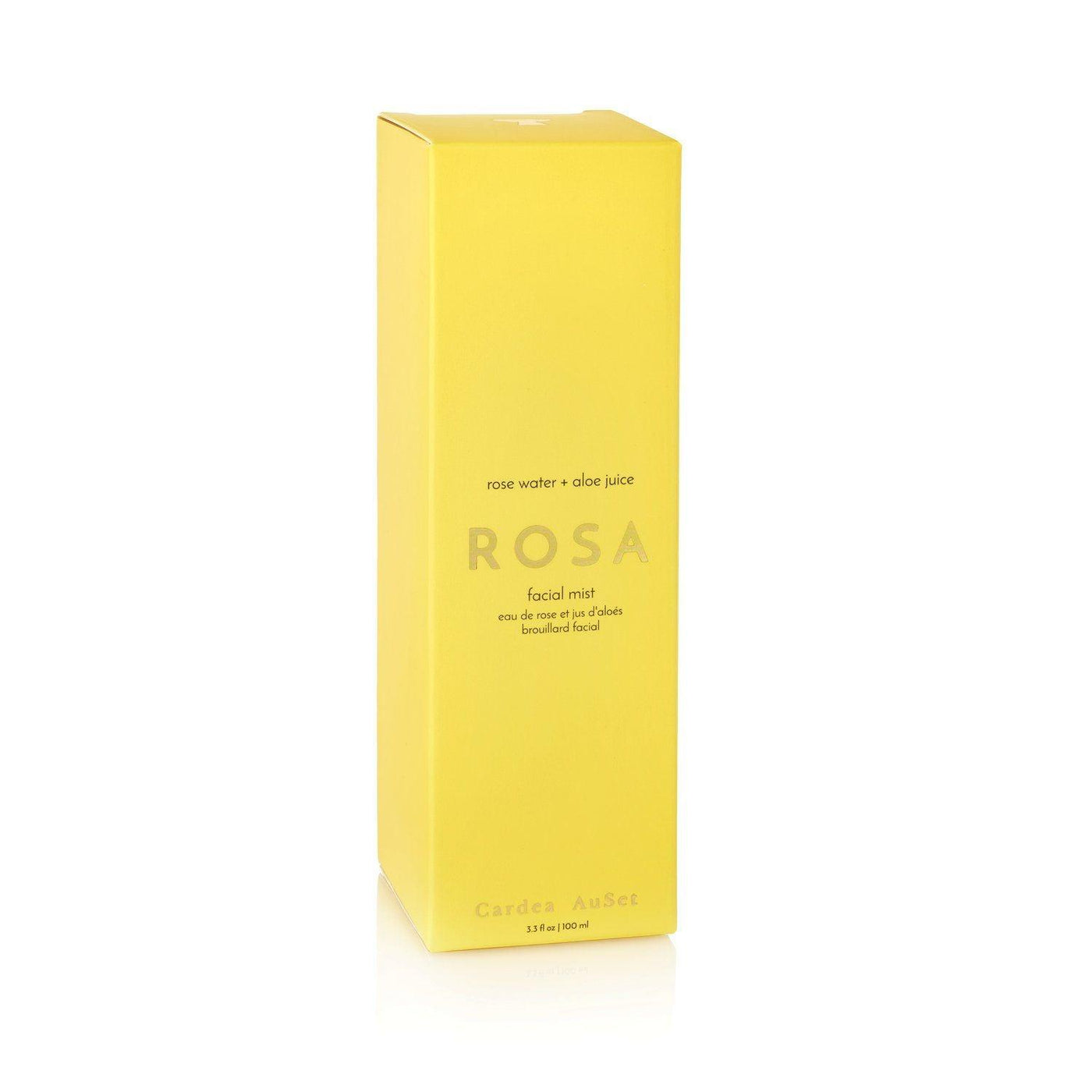Yellow box of ROSA facial mist with rose water and aloe juice for radiant skin by Cardea AuSet.