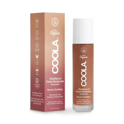 Rōsilliance® Tinted Moisturizer Organic Sunscreen SPF 30 in Bronze Goddess packaging and bottle on a white background.
