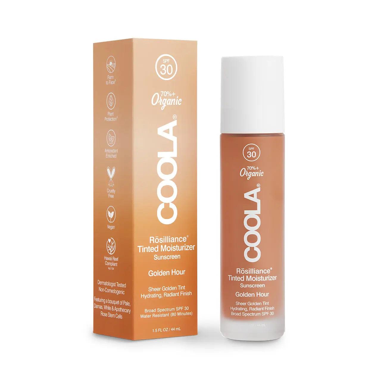 Rōsilliance® Tinted Moisturizer Organic Sunscreen SPF 30 in Golden Hour packaging and bottle for radiant, fresh skin.