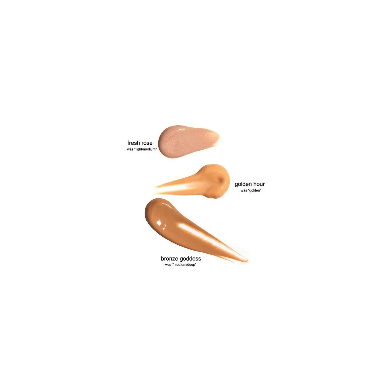 Swatches of Rōsilliance® tinted moisturizer shades: Fresh Rose, Golden Hour, and Bronze Goddess on a white background.