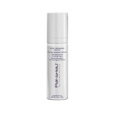 Royal Abundance Mousse bottle offering luminous volume and shine for hair, enriched with Signature Tea Complex for nourishment.