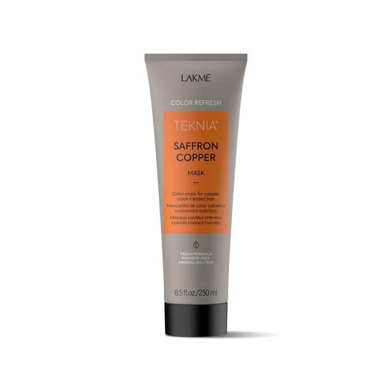 Saffron Copper Mask by Lakme, vegan hair treatment for color protection and shine, infused with saffron oil and citrus fragrance.