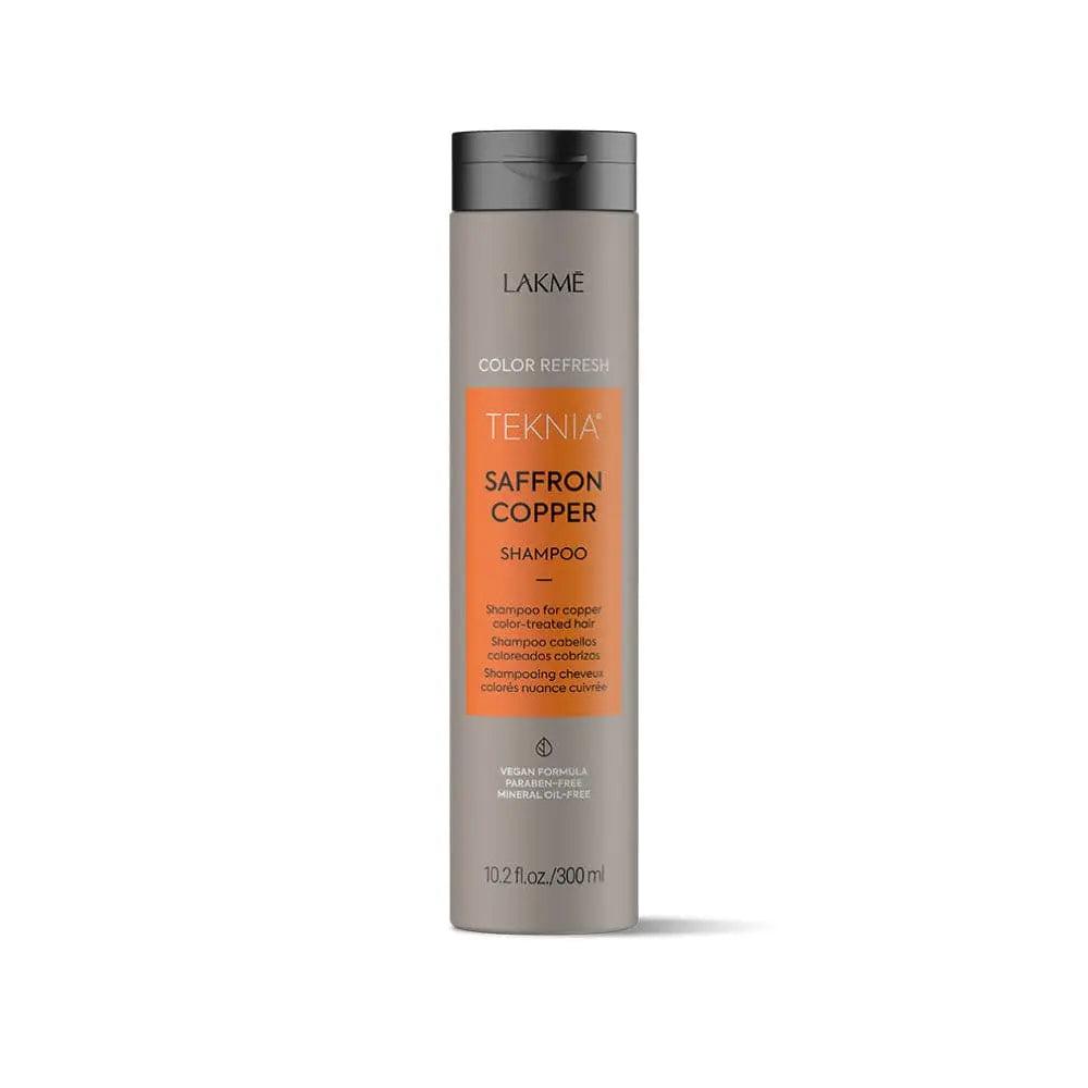 Saffron Copper Shampoo by Lakme, revitalizing shampoo for color-treated hair with saffron oil and lemon fragrance.