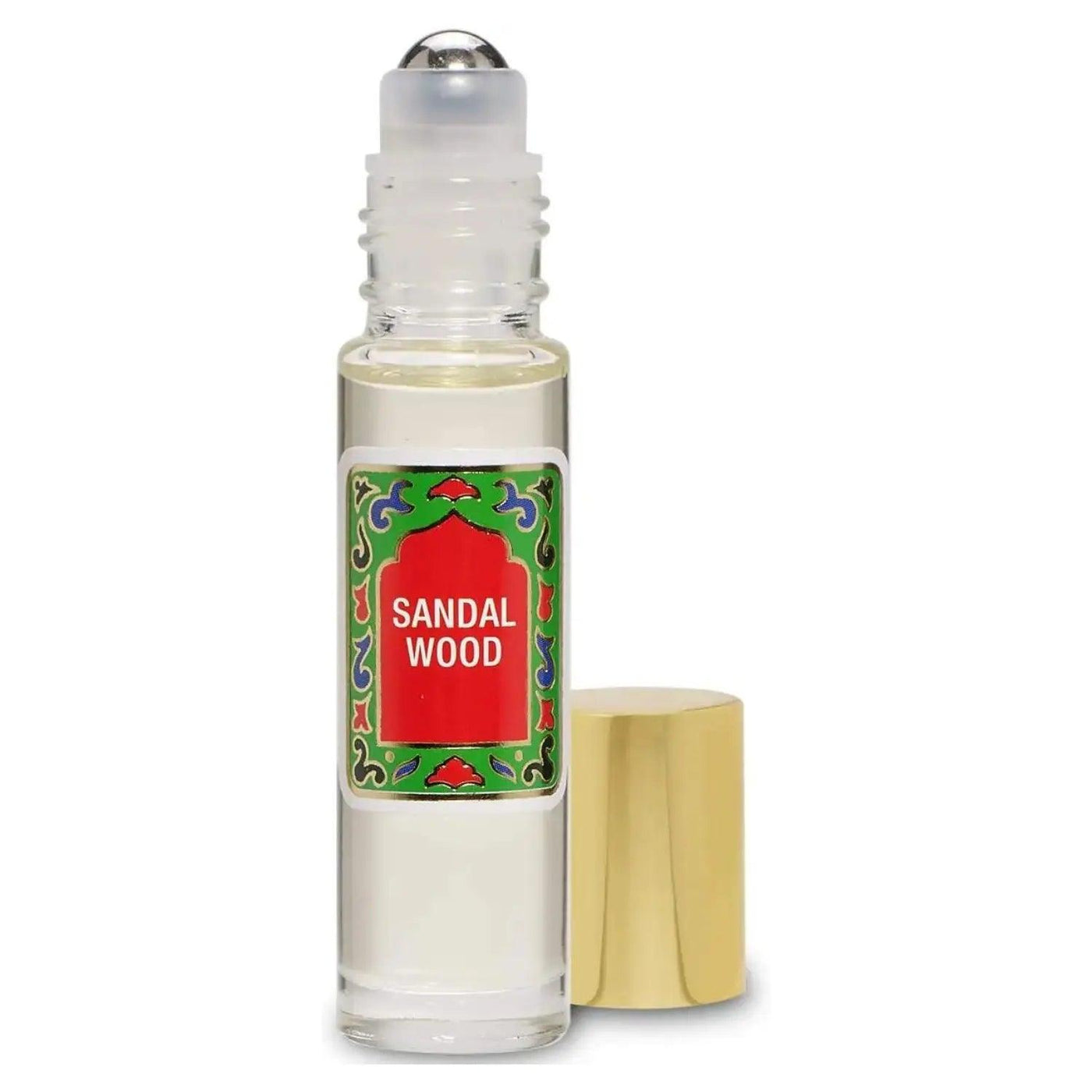 Sandalwood roll-on perfume in a clear bottle with a gold cap and vibrant label, showcasing a rich and woody fragrance.