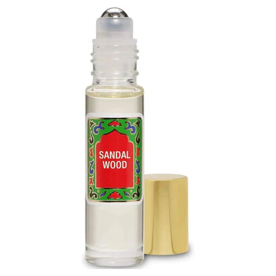 Sandalwood roll-on perfume in a clear bottle with a gold cap and vibrant label, showcasing a rich and woody fragrance.