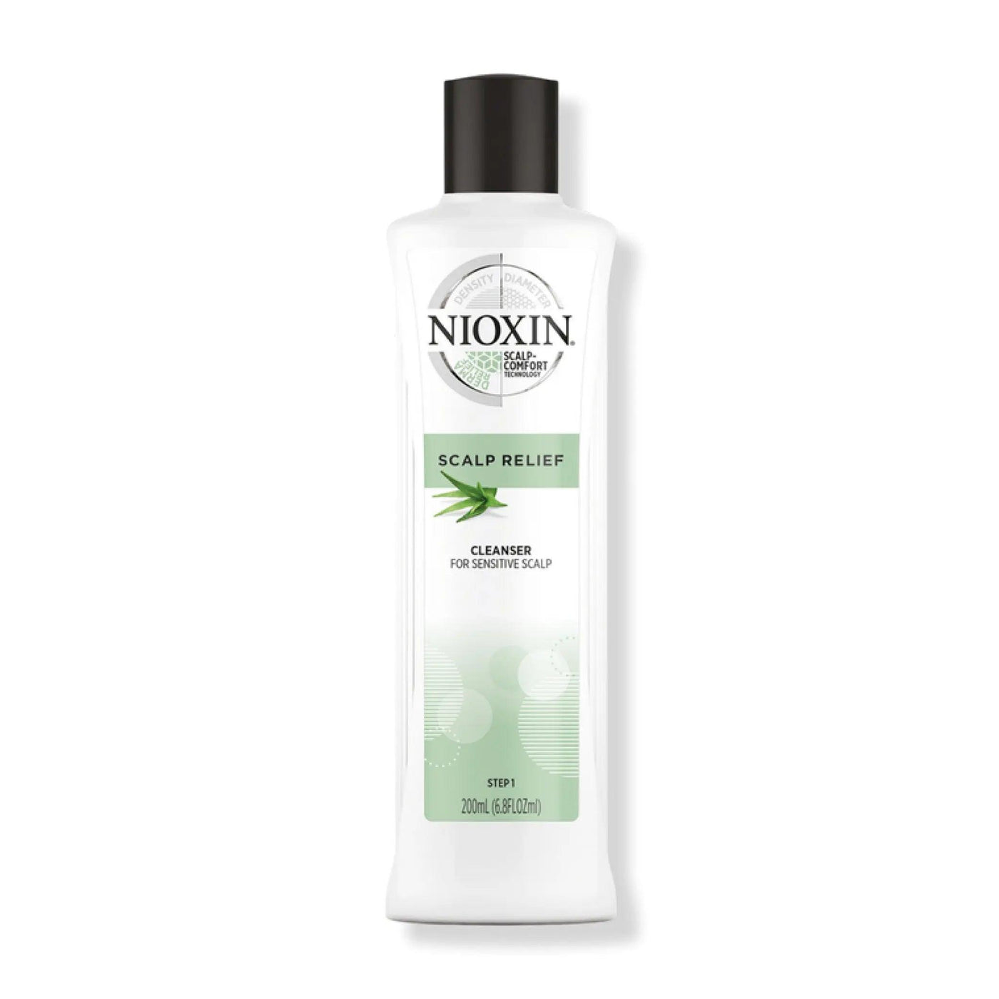 Nioxin Scalp Relief Comfort Cleanser bottle for sensitive scalp, soothing aloe vera, sulfate-free formula.
