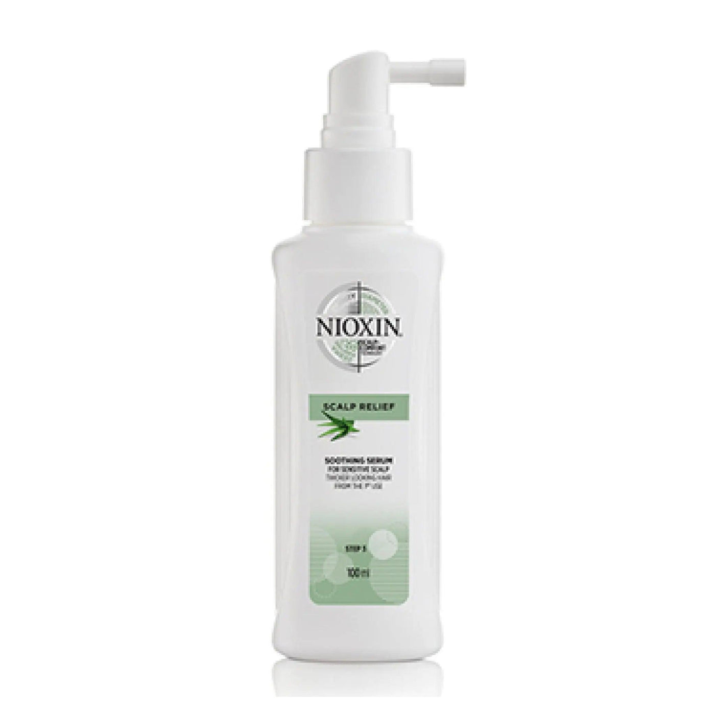 NIOXIN Scalp Relief Soothing Serum for sensitive, dry, and itchy scalp in a 100ml bottle with aloe vera.