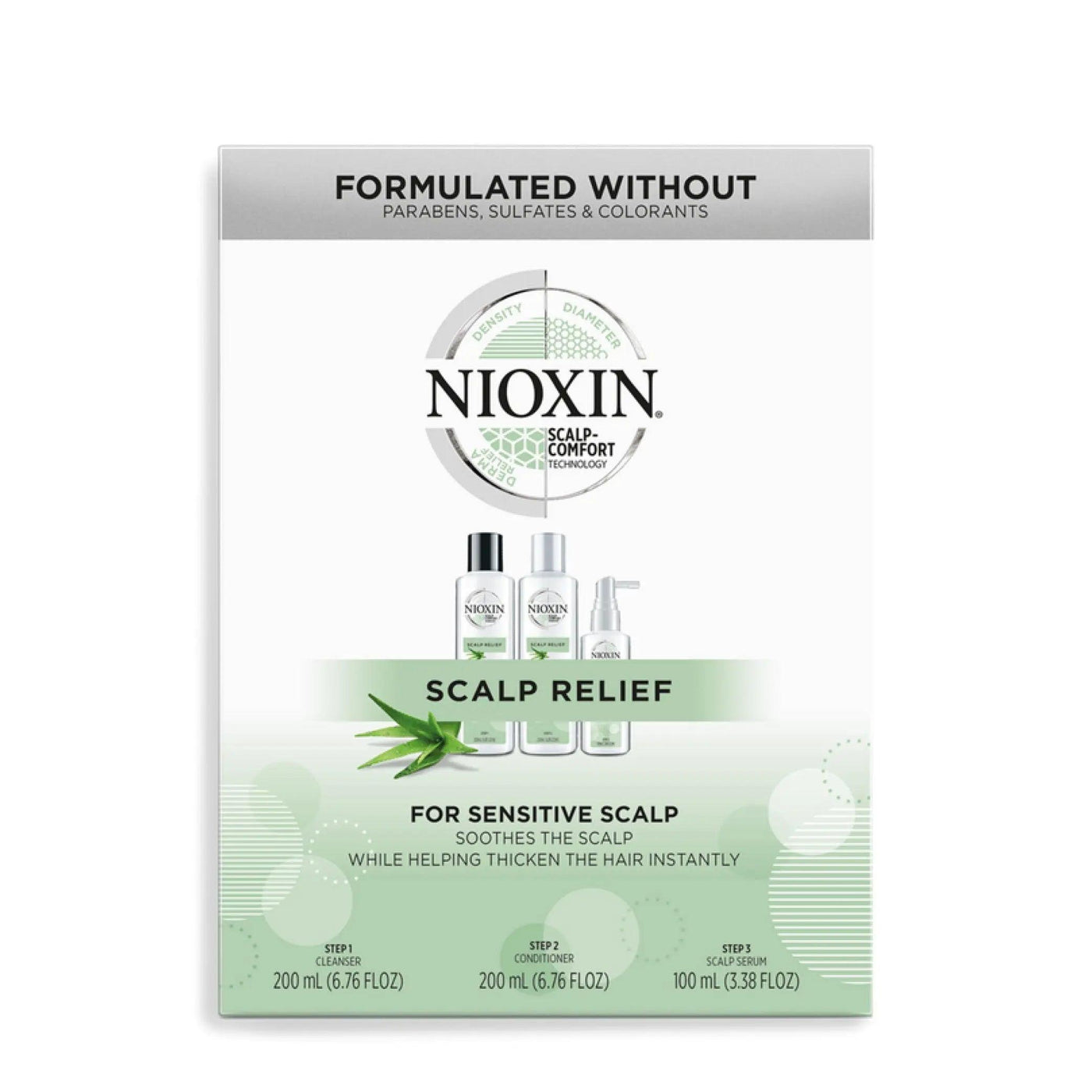 Nioxin Scalp Relief Kit packaging, featuring three-step system for soothing dry scalp and thickening hair.
