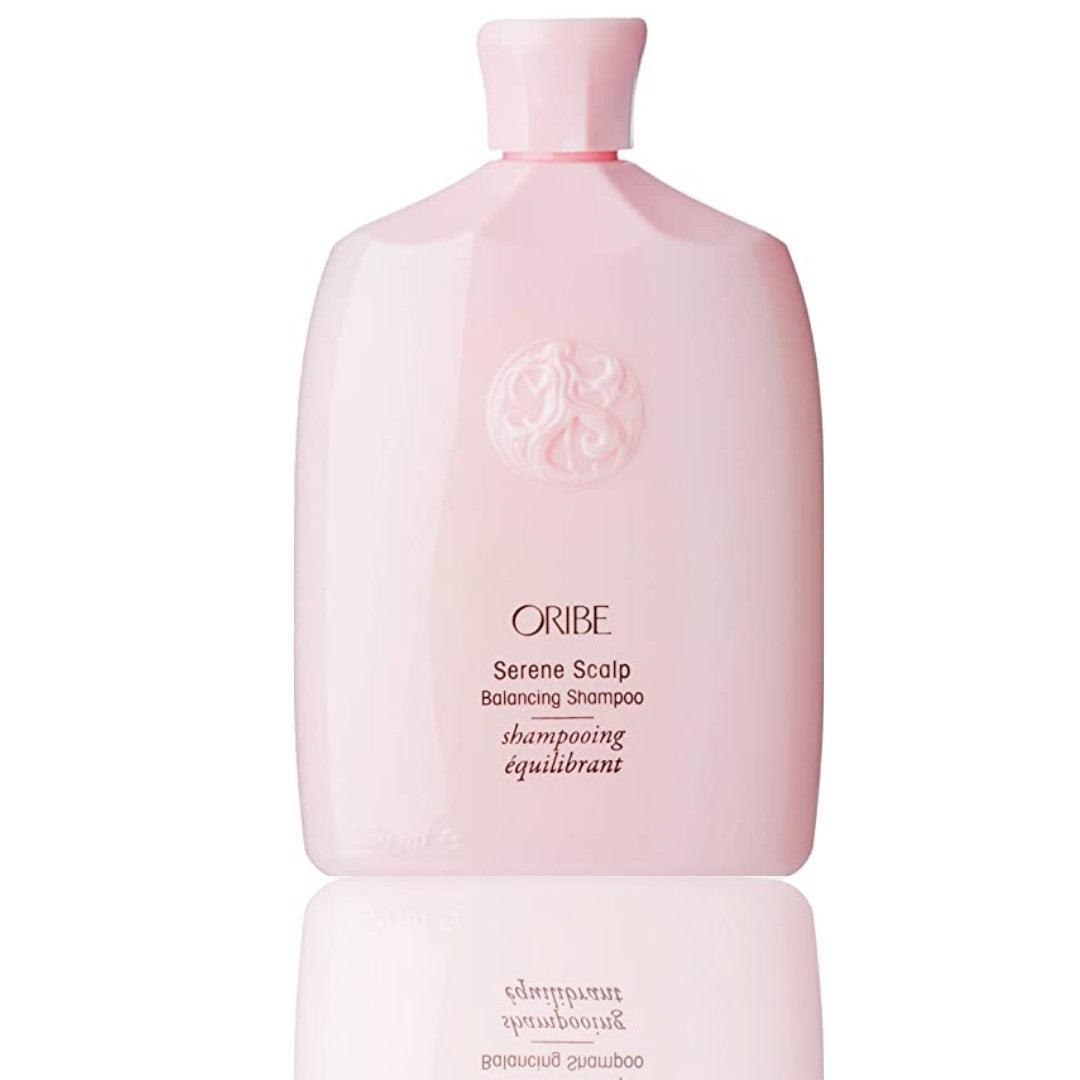 Oribe Serene Scalp Balancing Shampoo bottle in pink packaging for healthy and balanced hair care.