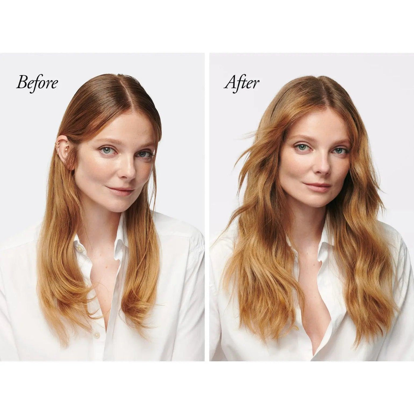 Before and after results of using Serene Scalp Oil Control Dry Shampoo Powder, showcasing revitalized and voluminous hair.