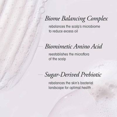 Infographic detailing Oribe Serene Scalp Oil Control Shampoo ingredients: Biome Balancing Complex, Biomimetic Amino Acid, Sugar-Derived Prebiotic.