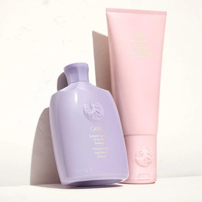 Oribe Serene Scalp Oil Control Shampoo and conditioner, perfect for managing oily scalps and refreshing hair.