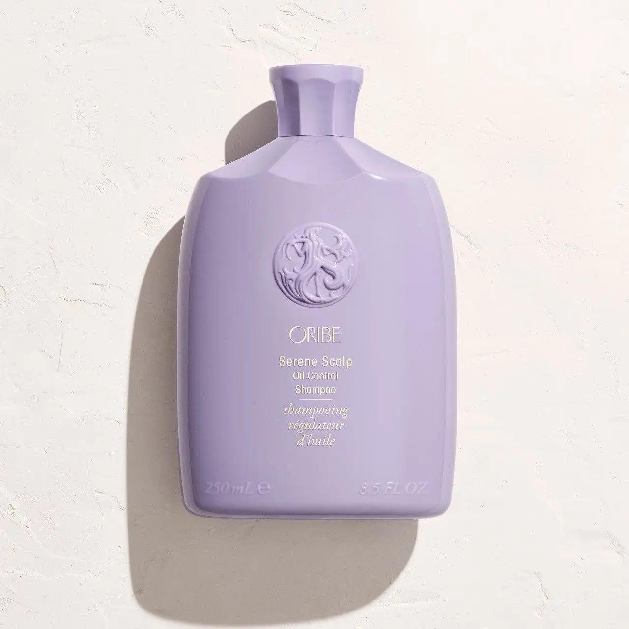 Oribe Serene Scalp Oil Control Shampoo bottle on a light surface, designed for oily scalps and all hair types.
