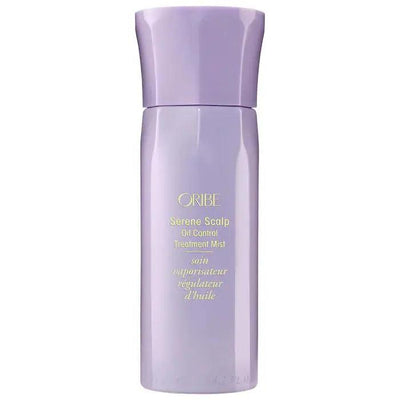 Oribe Serene Scalp Oil Control Treatment Mist in sleek purple bottle for oil control on all hair types.