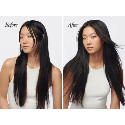 Before and after images showing healthy, refreshed hair using Serene Scalp Oil Control Treatment Mist.