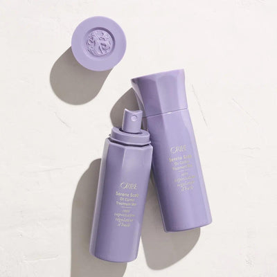 Oribe Serene Scalp Oil Control Treatment Mist bottles on a light background, designed to refresh oily scalps for all hair types.