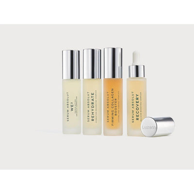Luxurious skincare serum bottles for eye, rehydrate, firming collagen boost, and recovery by Luzern.