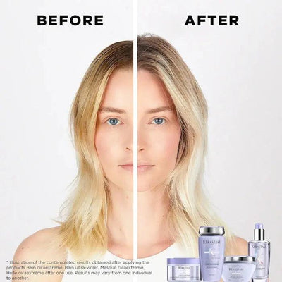 Before and after using Kerastase hair care products, highlighting improved hair condition and shine.