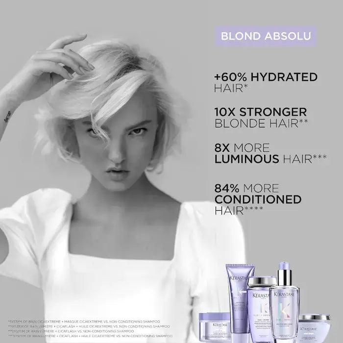 Woman with blonde hair using Blond Absolu hair products for hydrated, stronger, luminous, and conditioned hair benefits.