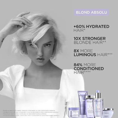 Woman with blonde hair using Blond Absolu hair products for hydrated, stronger, luminous, and conditioned hair benefits.
