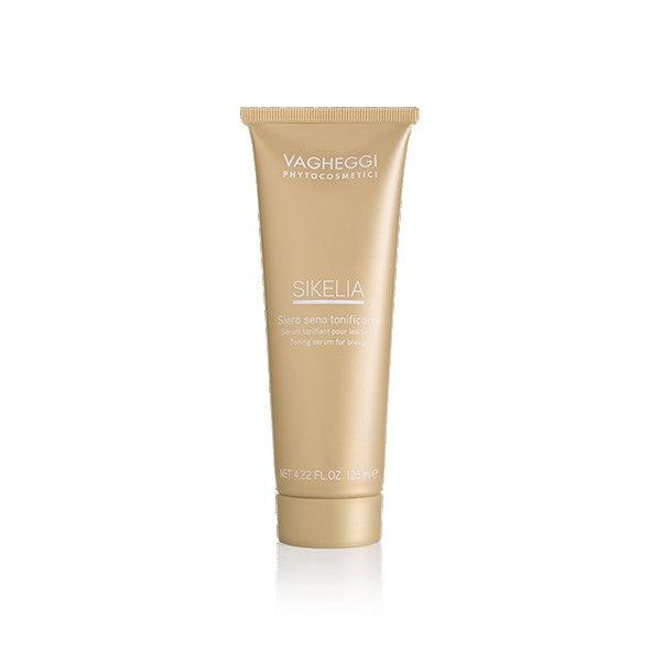Sikelia Toning Serum for Breast in a gold tube, promoting firmness and elasticity for all skin types. 125ml.