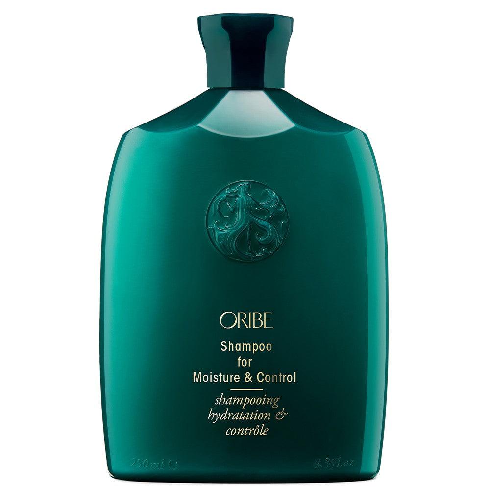 Oribe Shampoo for Moisture and Control in green bottle, providing hydration and frizz control for hair care