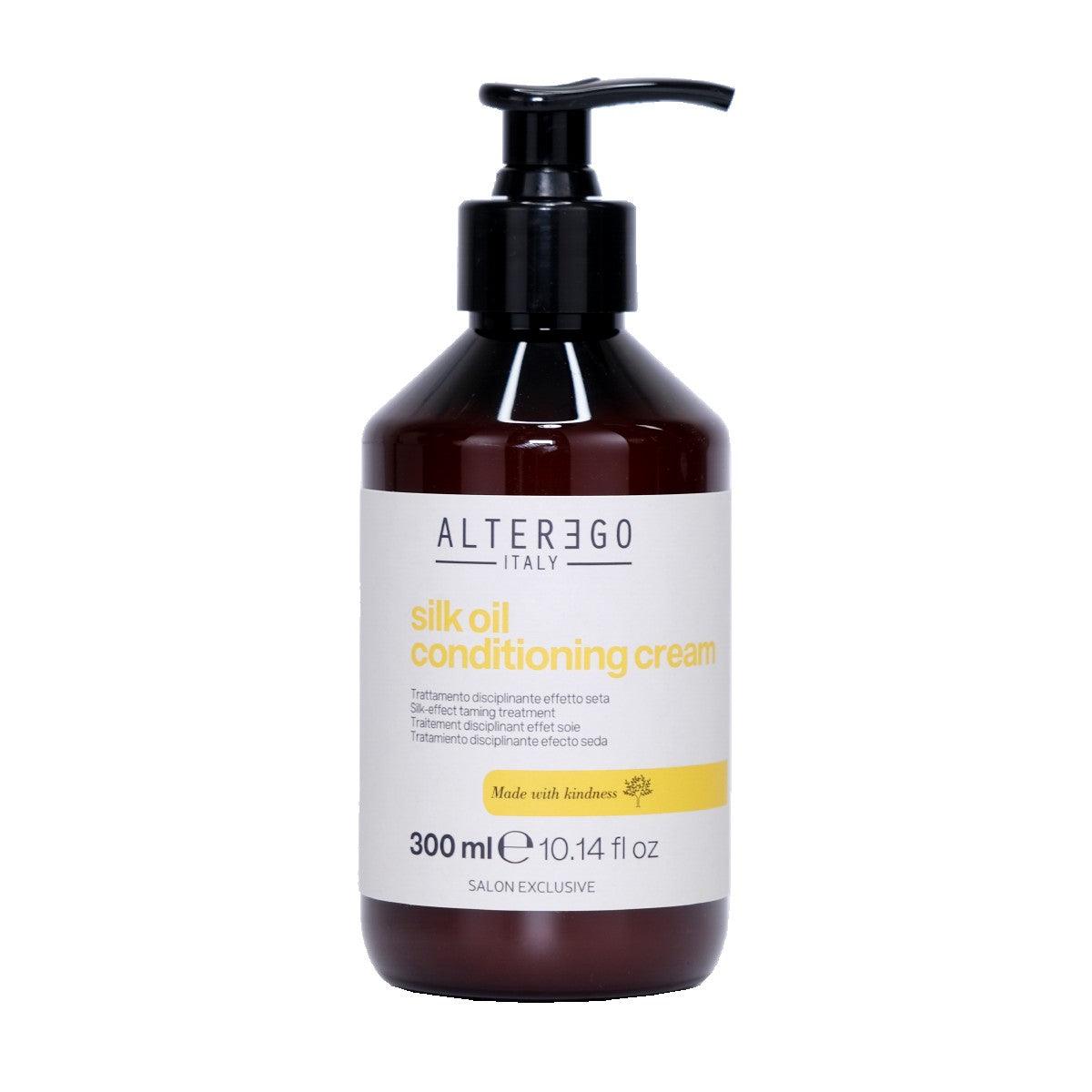 Silk Oil Conditioning Cream bottle for frizz-free, shiny hair, 300ml, nourishes and smooths unruly hair, salon exclusive.