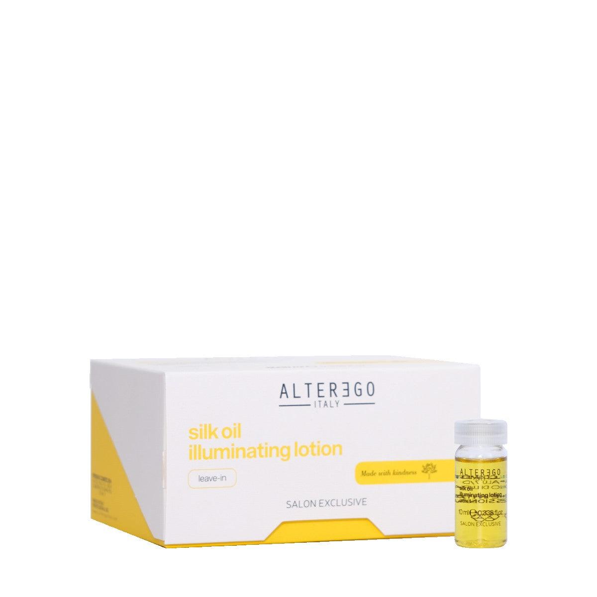 Silk Oil Illuminating Lotion by Alterego Italy in a salon-exclusive packaging, perfect for nourishing unruly hair.