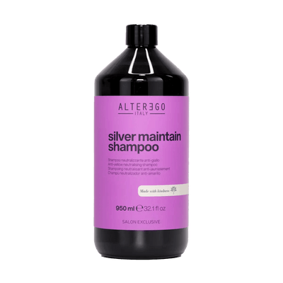 Silver Maintain Shampoo bottle by Alter Ego Italy, 950 ml, designed to enhance shine and reduce yellow tones. Sulphate-free formula.