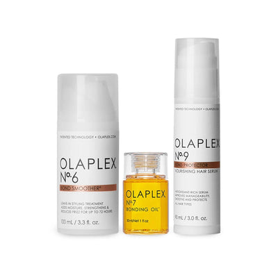 OLAPLEX Smooth, Shine & Protect Kit featuring Nº.6 Bond Smoother, Nº.7 Bonding Oil, and Nº.9 Hair Protector.