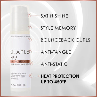 Olaplex Nº.9 Bond Protector with benefits: satin shine, style memory, bounceback curls, anti-tangle, anti-static, heat protection up to 450°F.