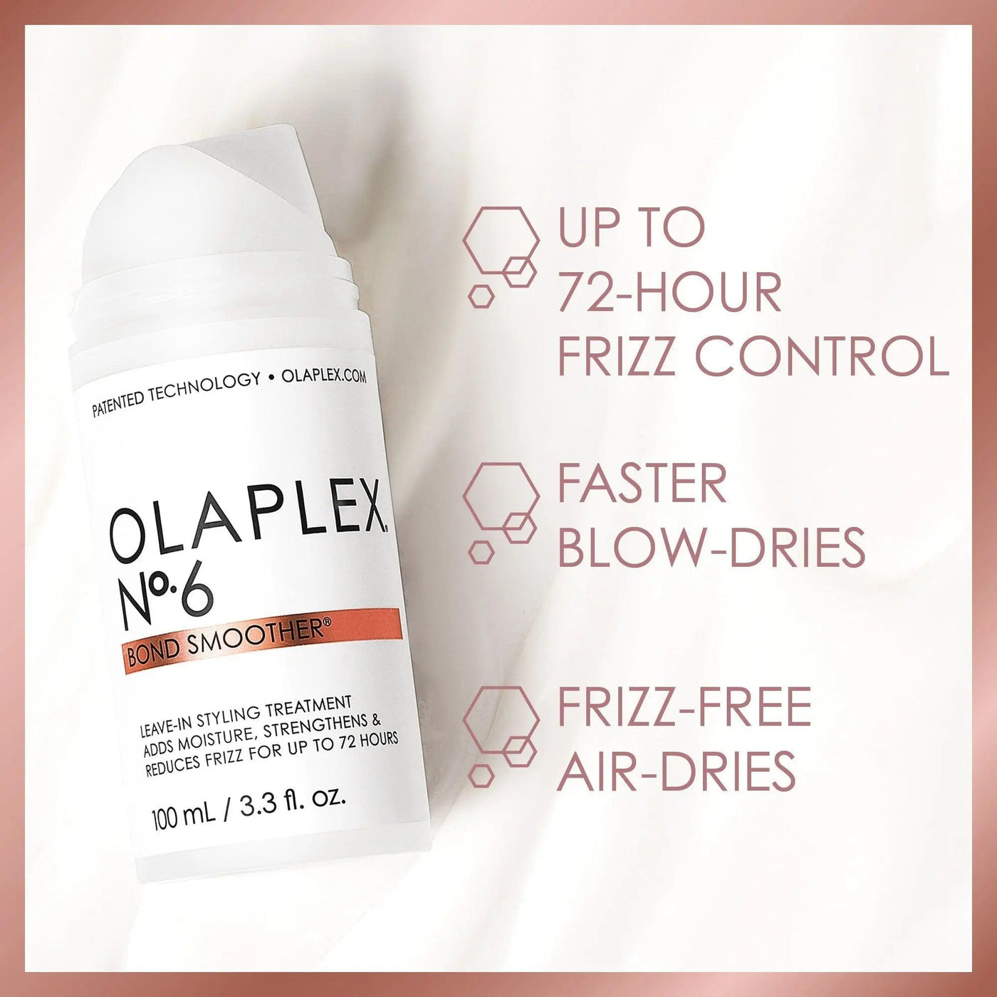 Olaplex No.6 Bond Smoother bottle with branding, highlighting frizz control and faster styling benefits.