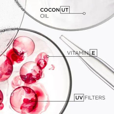 Ingredients in Kérastase Soleil Huile Sirene: coconut oil, vitamin E, and UV filters in a stylish lab setting.