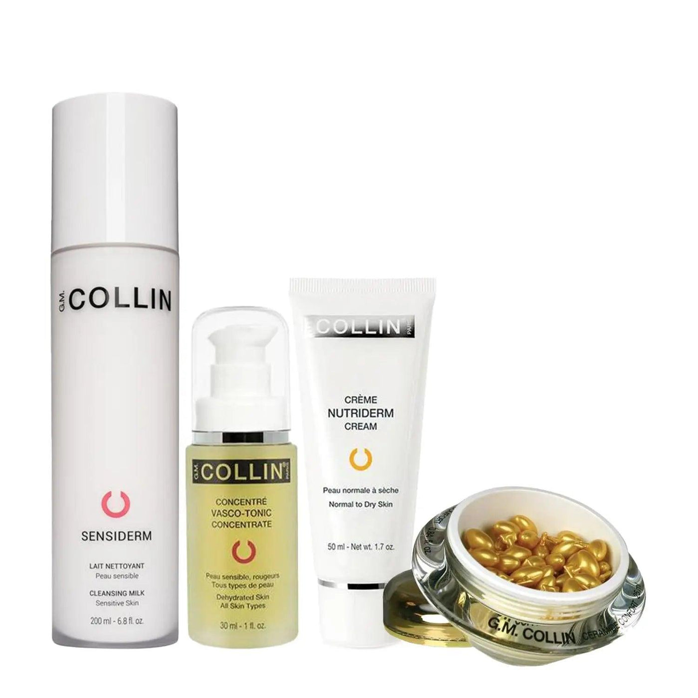 Soothing bundle for dry skin featuring Sensiderm Cleansing Milk, Vasco-Tonic Concentrate, and Nutriderm Cream.