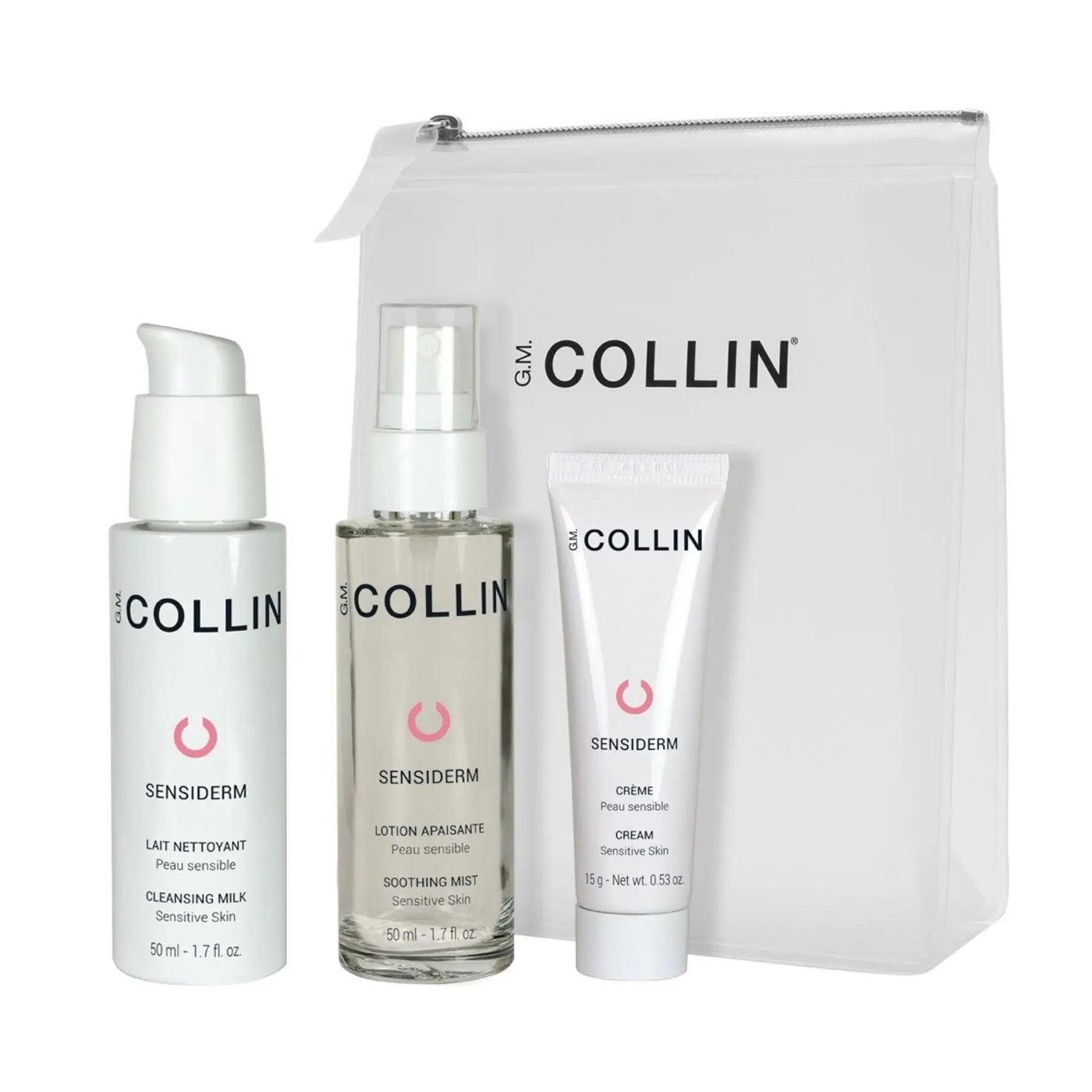 G.M. Collin Sensiderm skincare set with cleansing milk, soothing mist, and cream for sensitive skin
