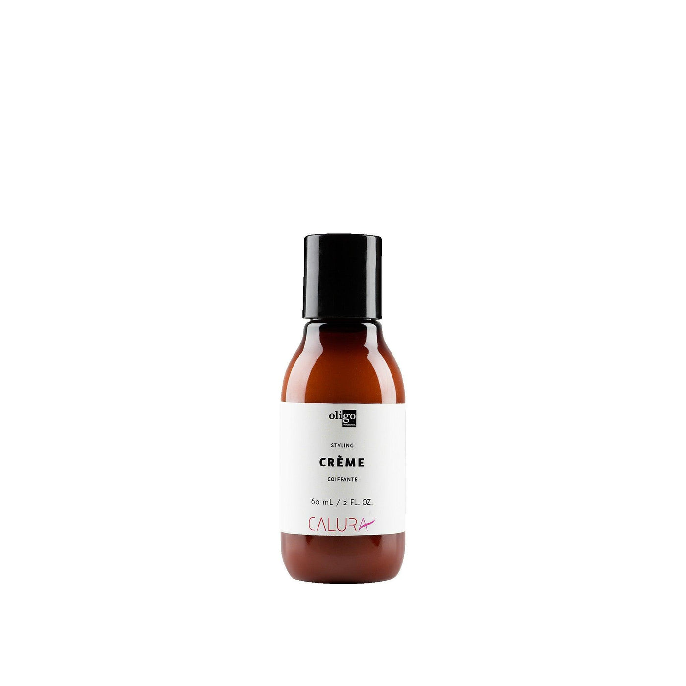 2 oz bottle of Calura Styling Crème for flexible hold and shine, suitable for all hair types, vegan and sulfate free.