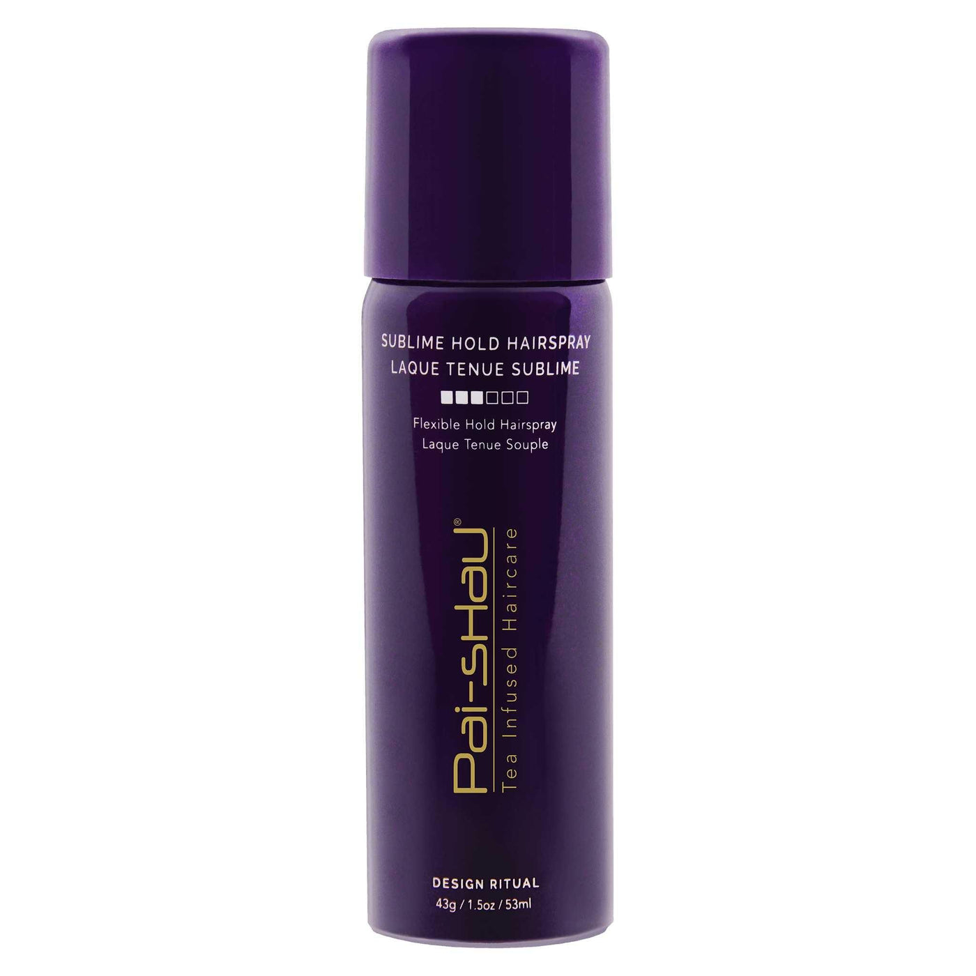 Sublime Hold Hairspray by Pai-Shau in a purple spray can, offering flexible hold and shine for styled hair.